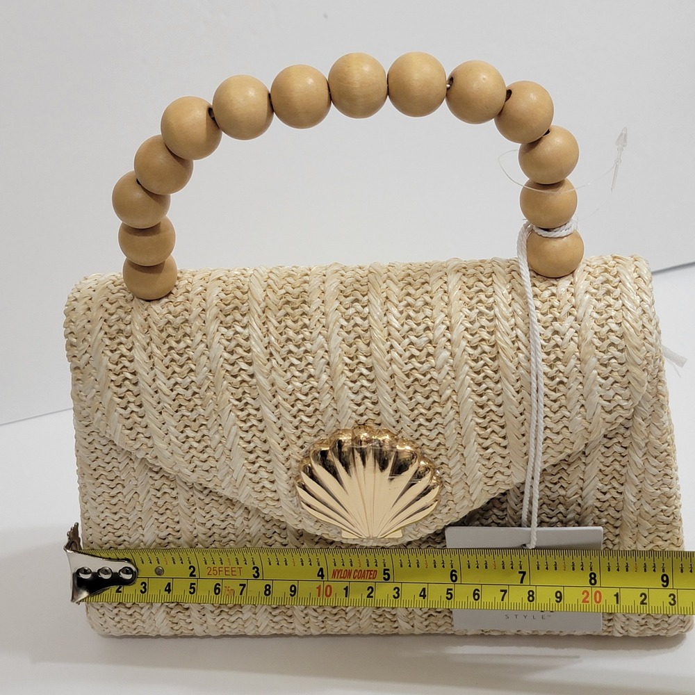 Haute Hippie Woven Straw Gold Sea Shell Clutch Bag Wood Bead Handle Crossbody - Picture 11 of 11